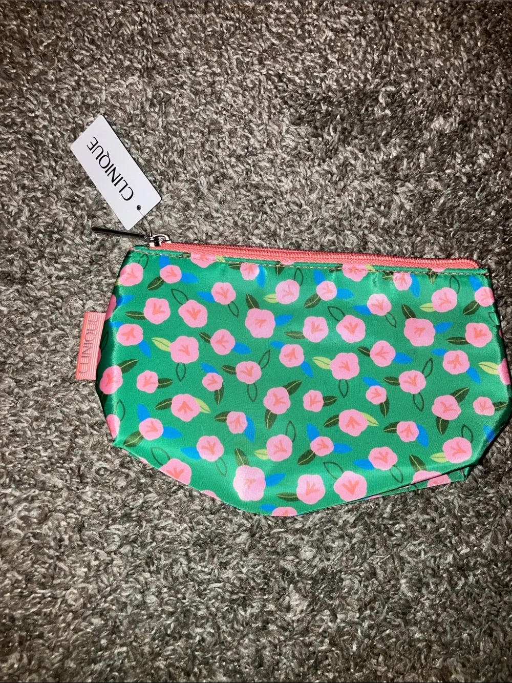 Clinique Green Floral Cosmetic Case with Pink Accents
